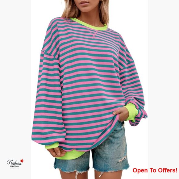 Tops - Cotton Striped Oversized Sweatshirt Long Sleeve Crewneck Pullover
